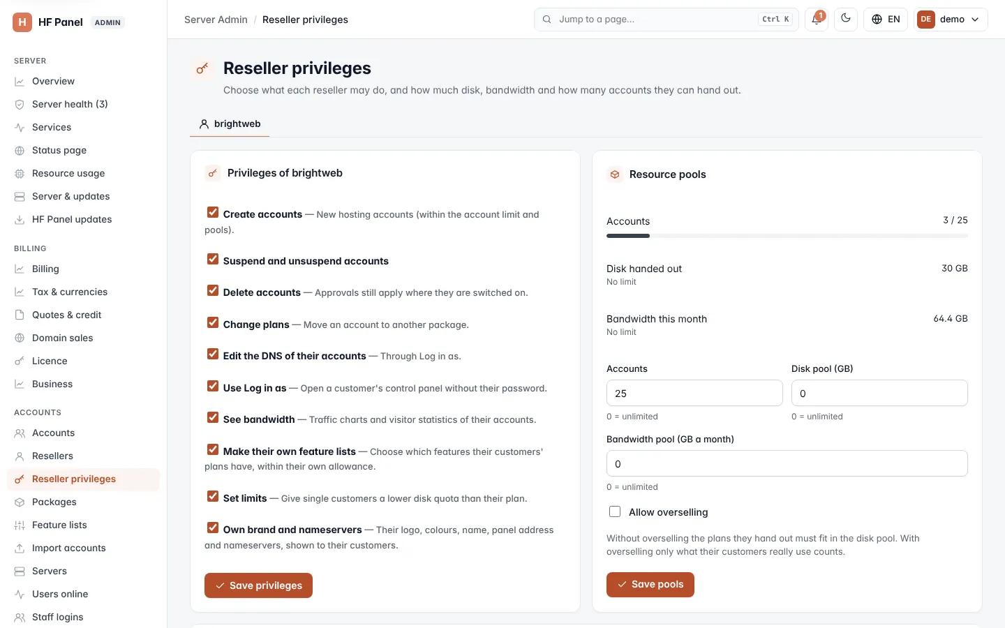 Reseller privileges screen