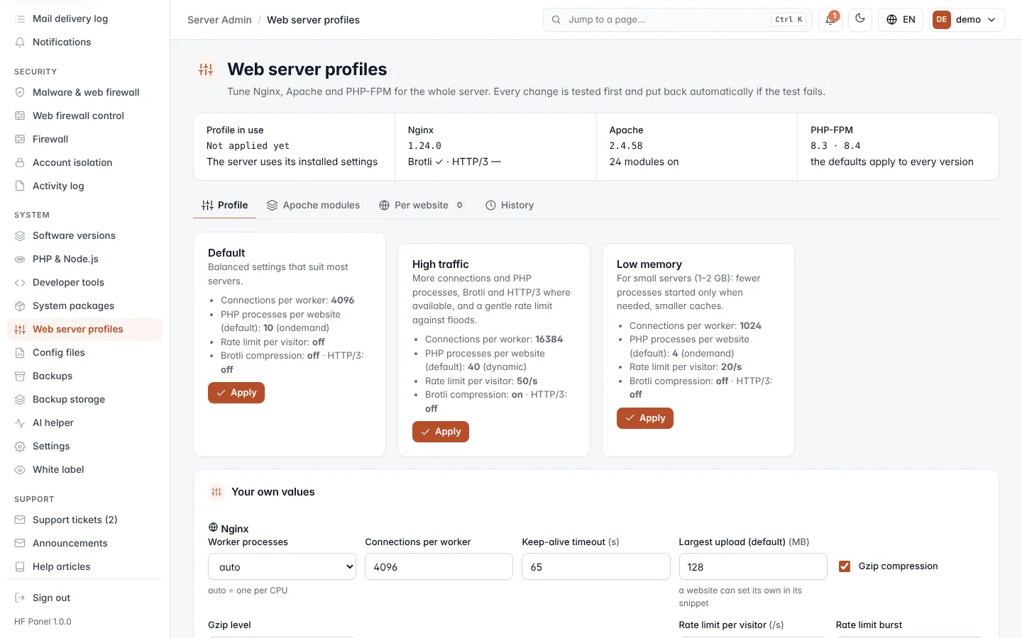 Web server profiles screen
