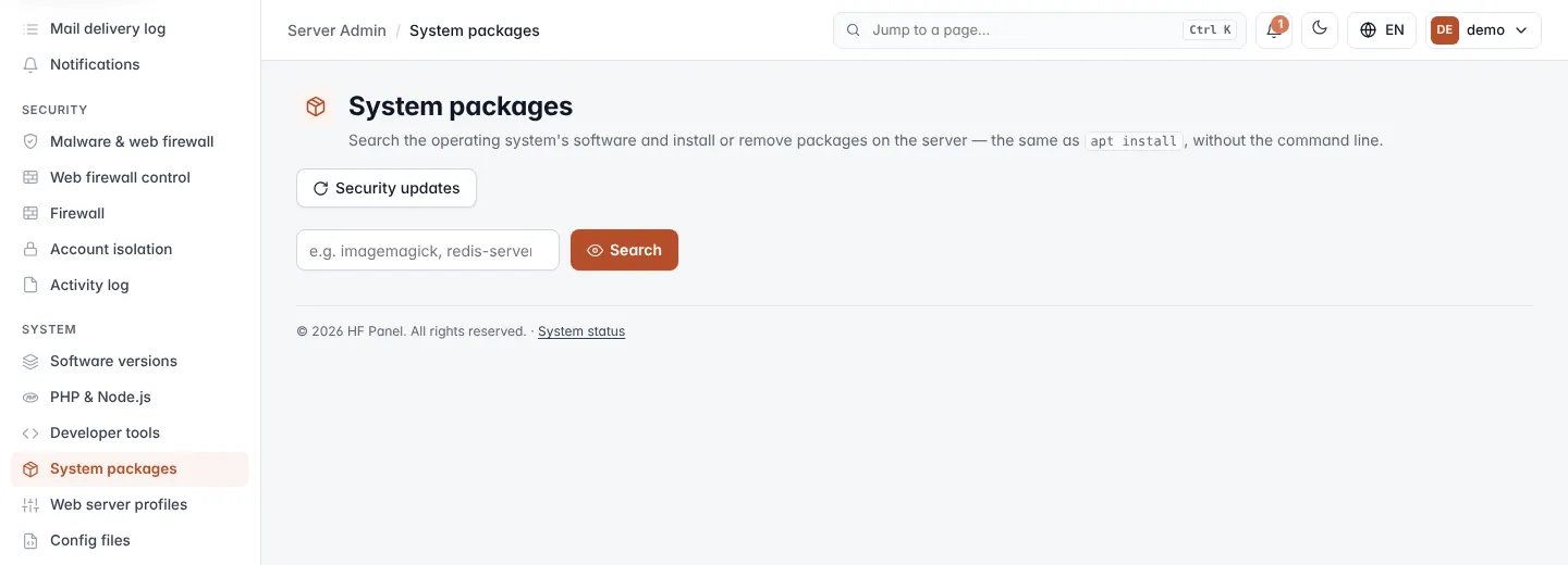 System packages screen