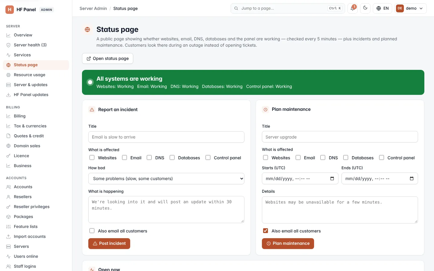 Status page screen
