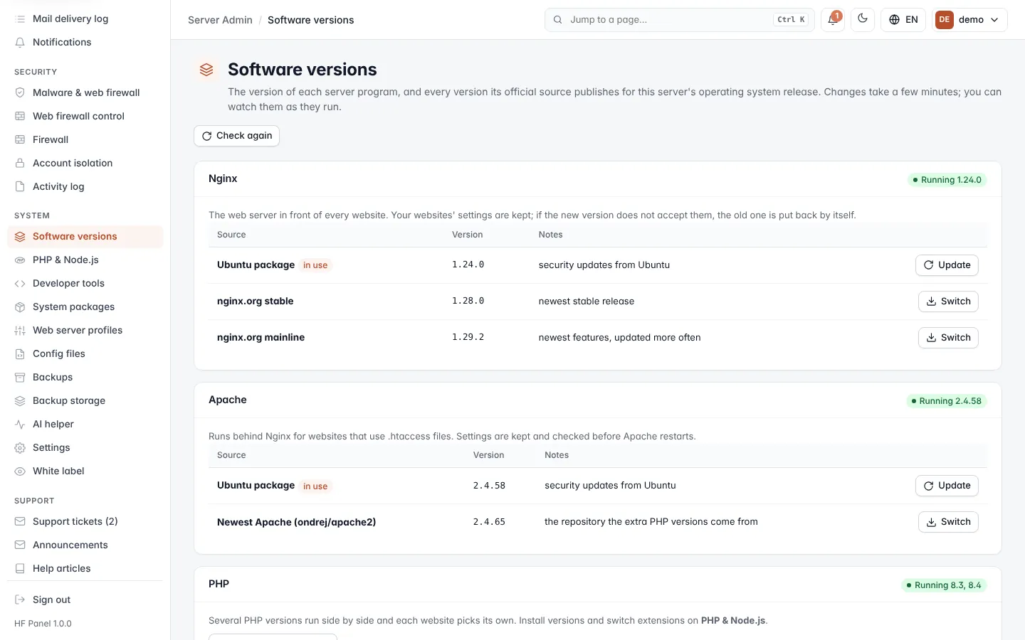 Software versions screen