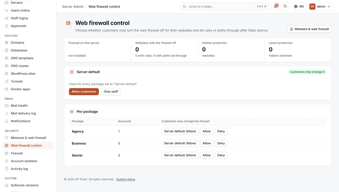Web firewall control screen