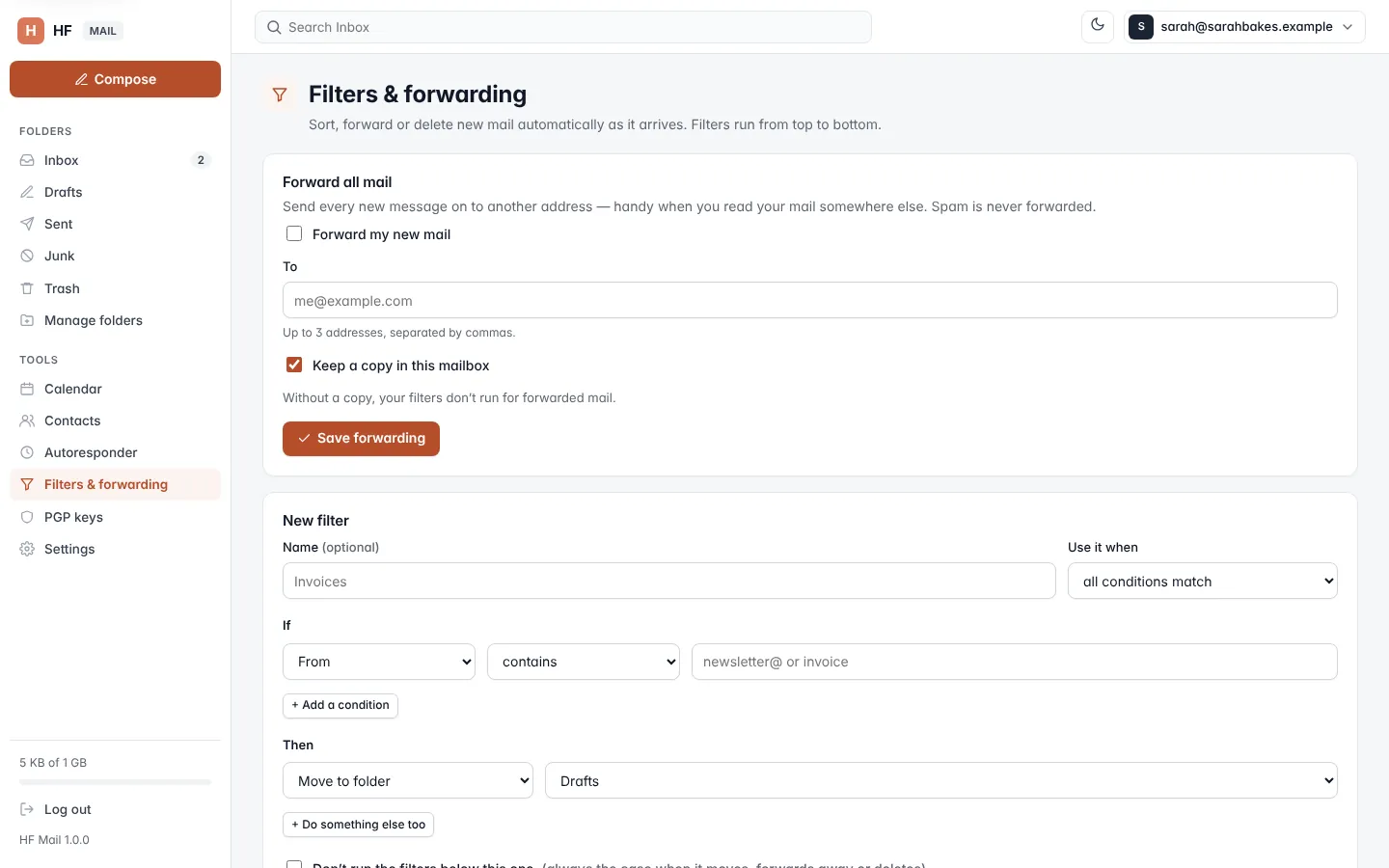Filters and forwarding screen