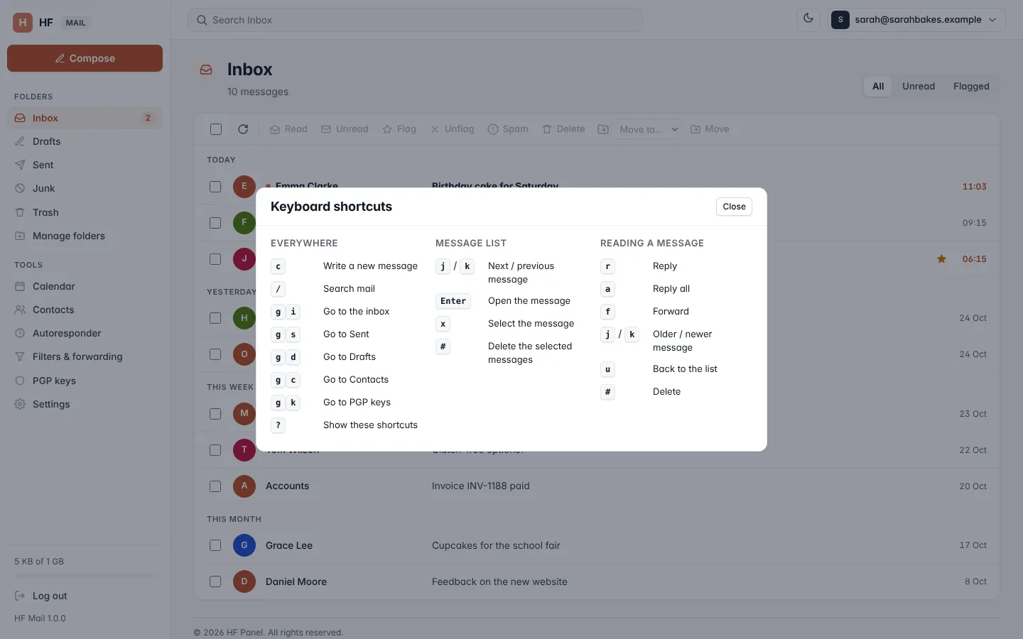Keyboard shortcuts screen