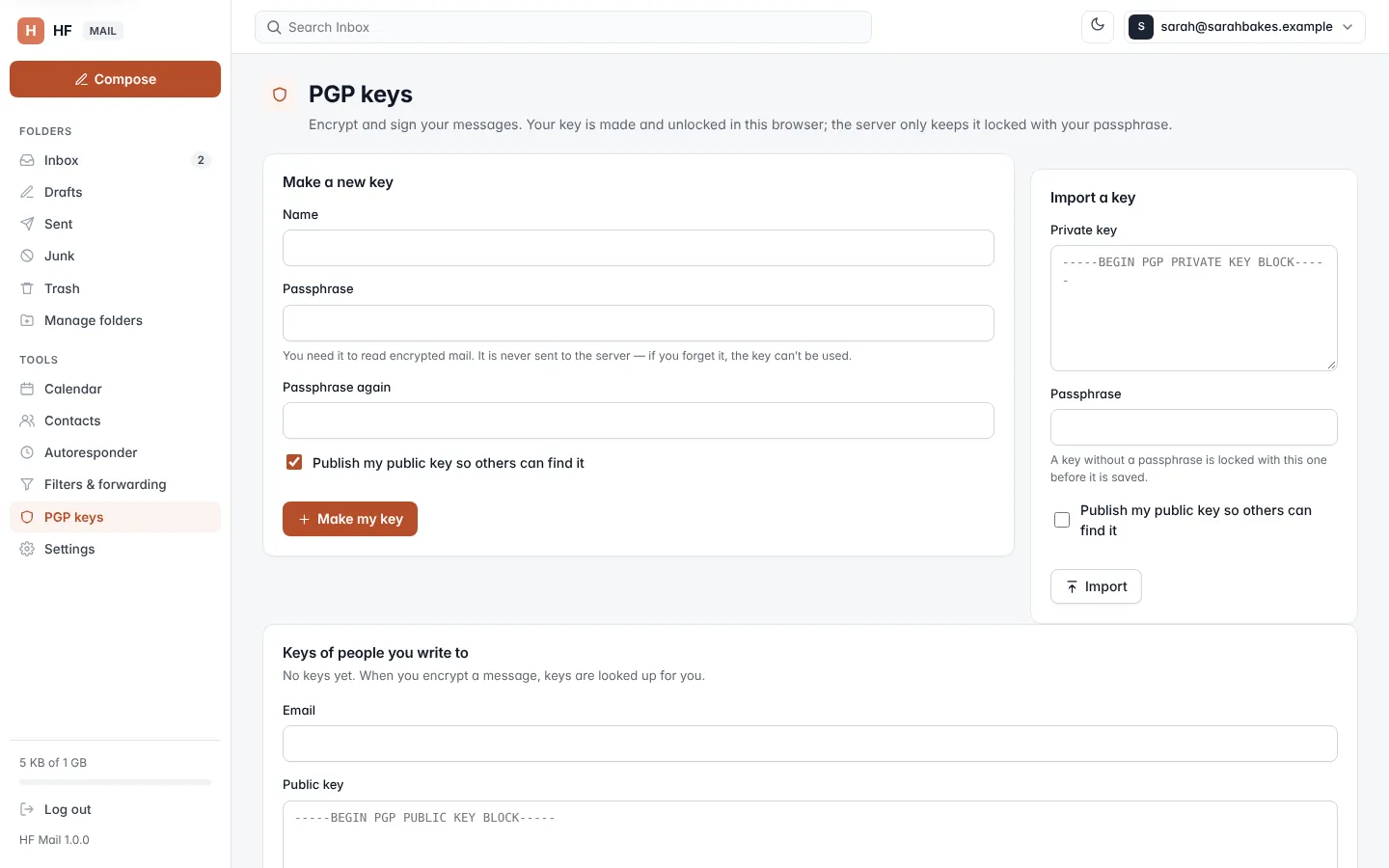 PGP keys screen