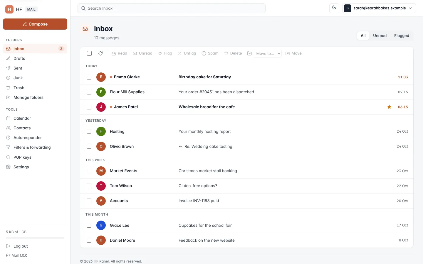 Reading mail screen